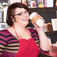 Ginger-haired fatty Kitty McPherson sports short hair and glasses while getting naked in over coffee