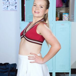 Young cheerleader Lexy flashes her plasticity while going without bra in cotton underwear
